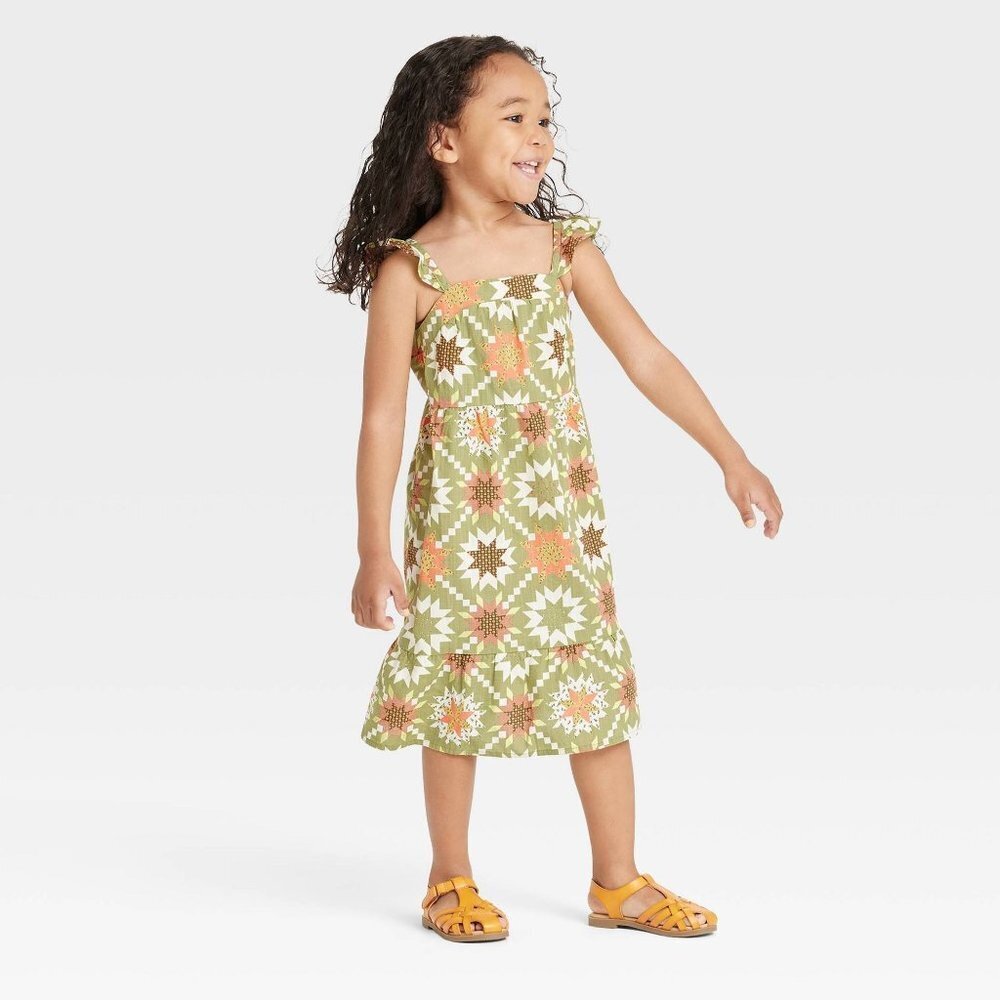 New Cat & Jack Toddler Girls 70s Quilt Print Ruffle Sleeve Dress Green